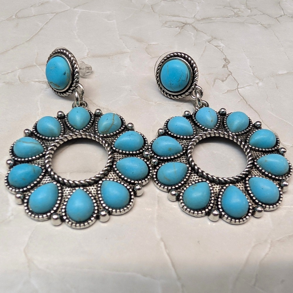 New Drop Earrings Blue Faux Turquoise Beaded Flower Southwestern Cowgirl Boho